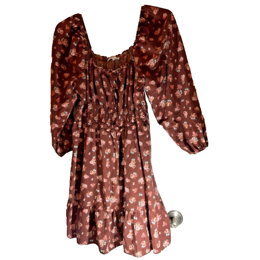 Vintage Dress Brown Floral Print Size XXL Knee-Length Long Sleeves Ruffles Boho